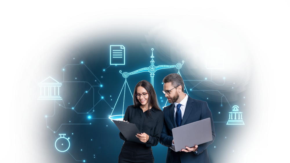 Two personal injury attorneys with STEALTH targeting and scales-of-justice overlays