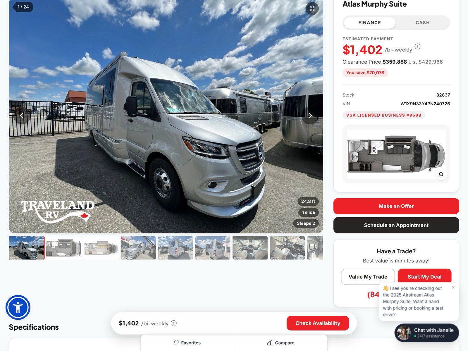 A live STEALTH unit page: photo gallery, estimated bi-weekly payment with a finance/cash toggle, clearance pricing, stock number and VIN, floorplan, and trade/appointment tools.